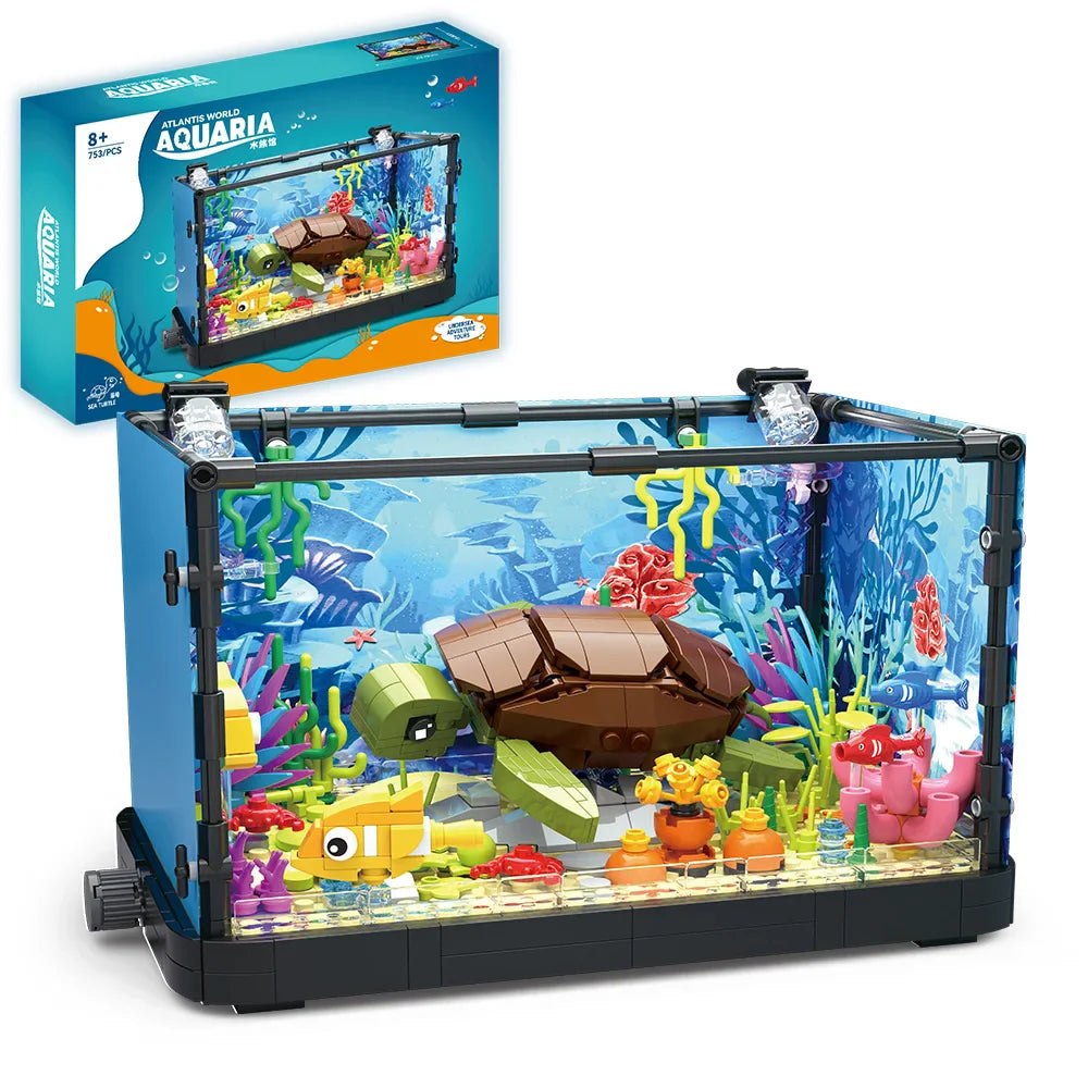 Fish Tank Building Block Set with Light，Aquarium，Marine Turtle, Building Block Toy for Kids 14+, Gift, Home Decor
