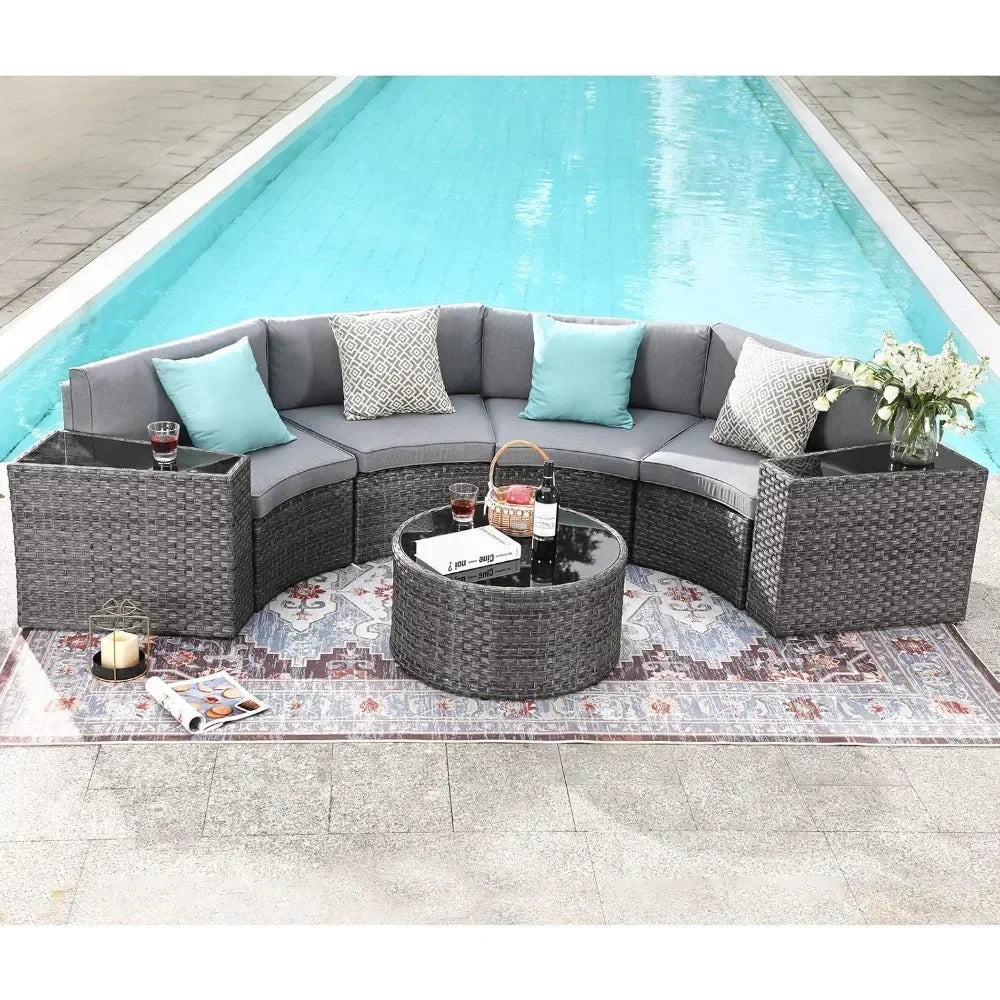Outdoor Patio Furniture Sectional 7-Piece Half-Moon Curved Outdoor Sofa Set with Round Coffee Table,4 Pillows & Waterproof Cover