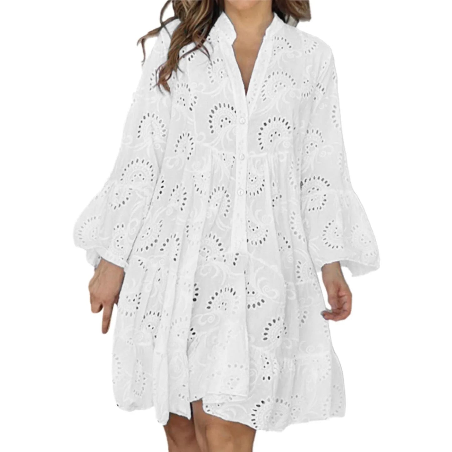 Plus Size S-5XL Hollow Out Dresses for Women Summer Elegant Solid Embroidered Lace Dress Loose Holiday Beach Mini Dress White