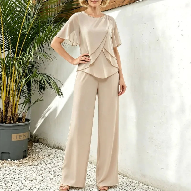 Women's Casual Pants Set Chiffon Breathable Solid Color Round Neck Short Sleeve Loose Irregular Top + Wide-leg Pants 2-piece Set