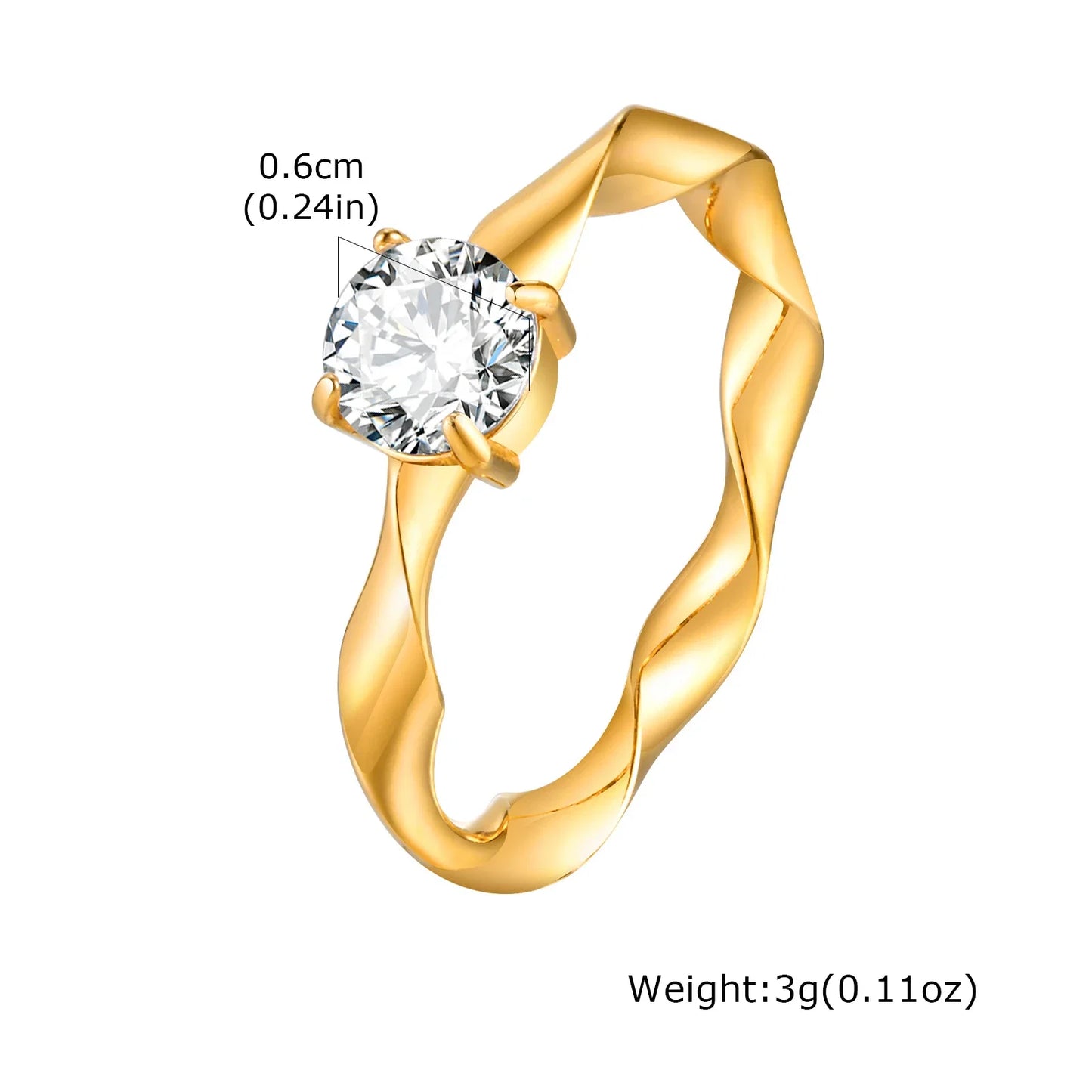Minimalist Water Drop White Zircon Women Ring, Wave Drop Stainless Steel Ring, 18K Gold Plated Waterproof Luxury Jewelry