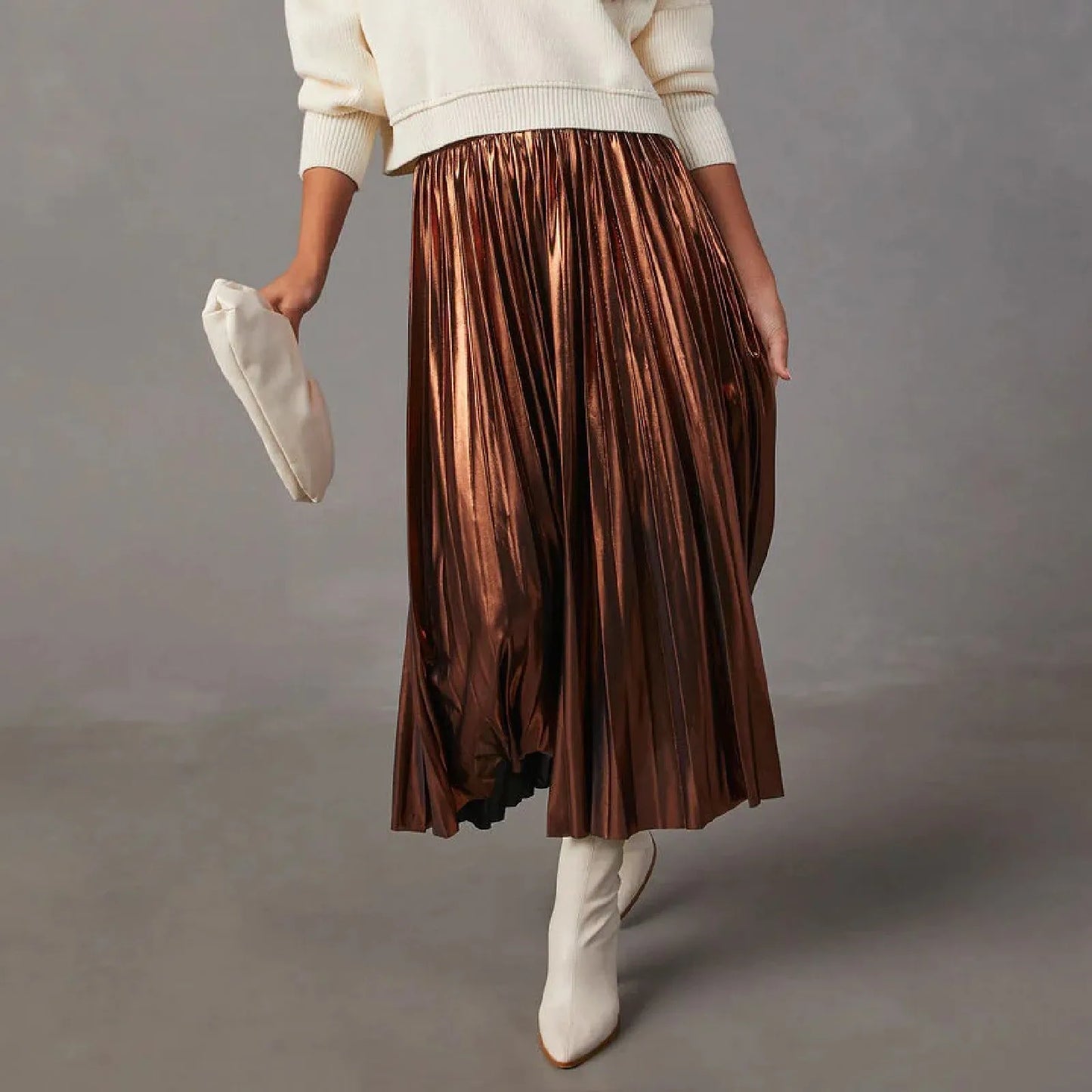 Silver A Line Skirts Hot Stamping Shiny Pleated High Waist Pleated Skirt Anti Permeability Length Autumn Shinny Korean Bottoms