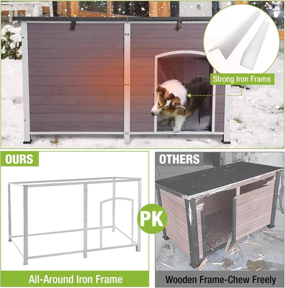 59.1" Large Dog House Outdoor with Insulated Liner for Winter Insulation Dog Kennel Upgrade All-Around Metal Fame Durable