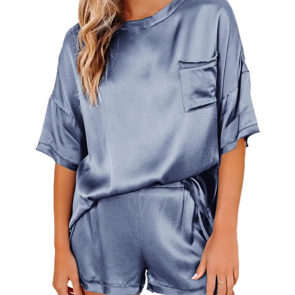 Women Spring Autumn 2pcs Satin Pajamas Set Short Sleeve Button Up Shirt and Casual Loose Elastic Pants Sleepwear Loungewear