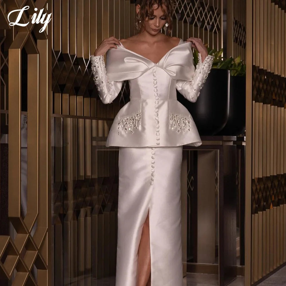 Lily Two Pieces Prom Dresses Beading Button Evening Gown Full Sleeve Celebrity Gown Stain Split Wedding Party Dress Customized