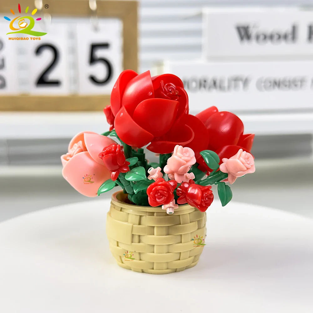HUIQIBAO Eternal Flower Model Bouquet Potted Plant Micro Building Blocks MOC DIY Home Desk Decoration Brick Toy For Children