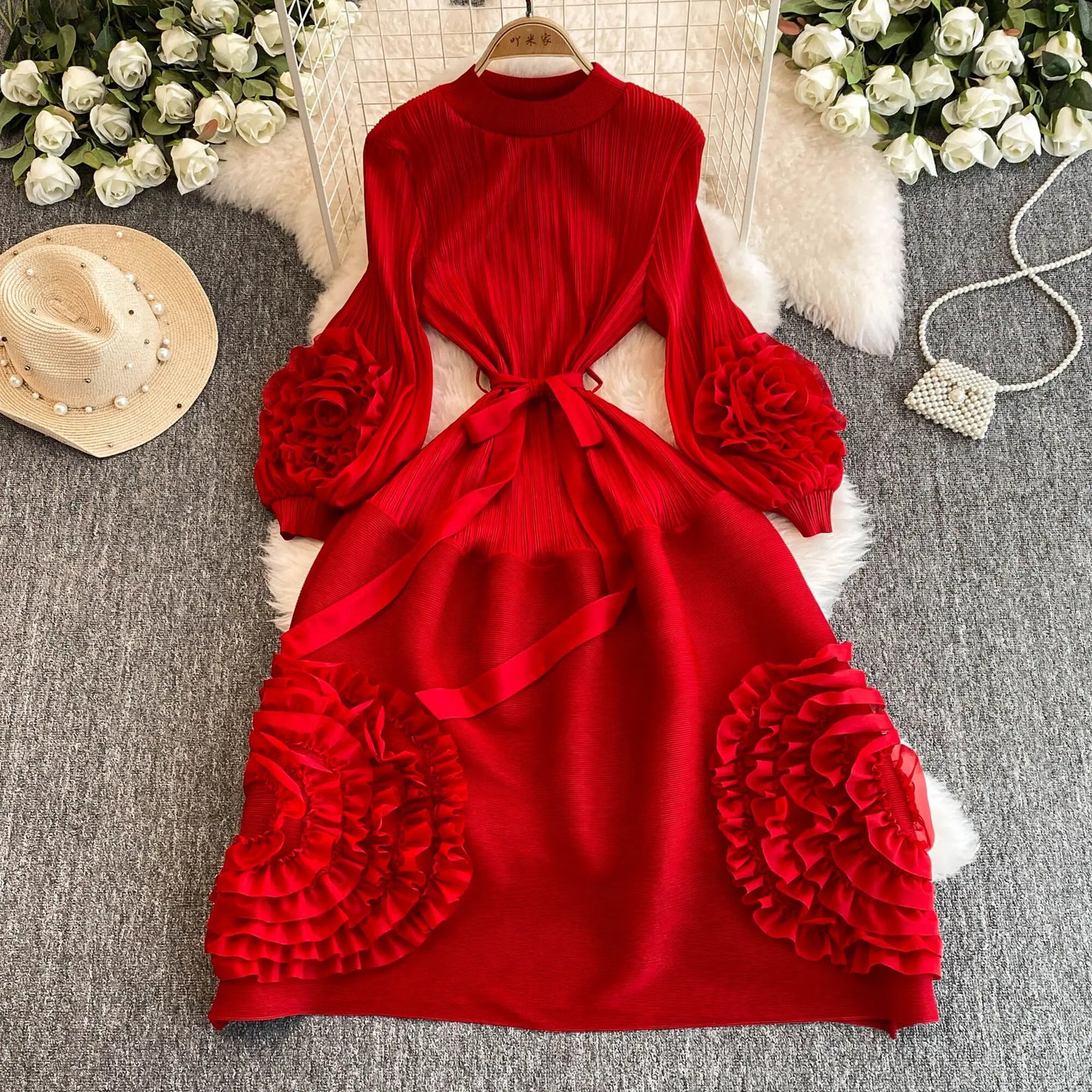 XFPV Women's Pleated Lace Elegant Temperament Lace Up Puff Sleeves High Waisted Dress Vestidos Y2k Fashion Spring Autumn 2024