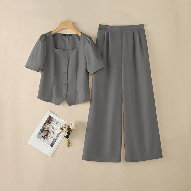2PCS Women OL Work Outfits ZANZEA Summer Square Neck Short Sleeve Blouse Wide Leg Pant Sets Solid Color 2 Pieces Sets Tracksuit