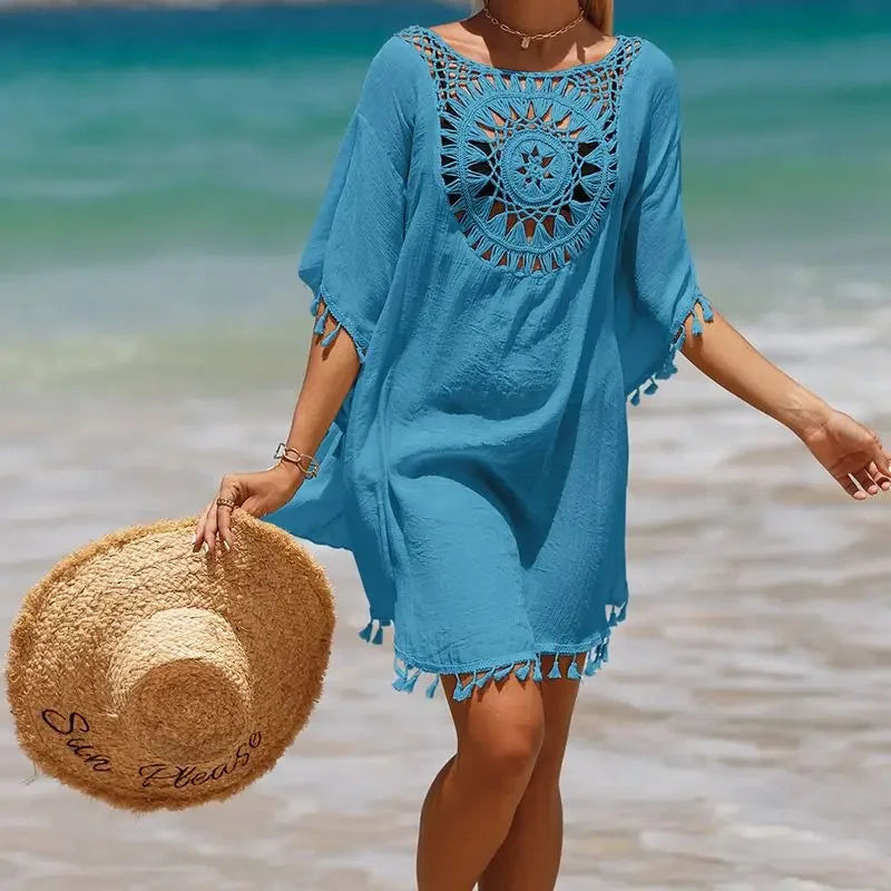 Women Casual Bohemian Holiday Outfits Beachwear Bikini Cover Up Summer Solid Color Hollow Out Beach Dress