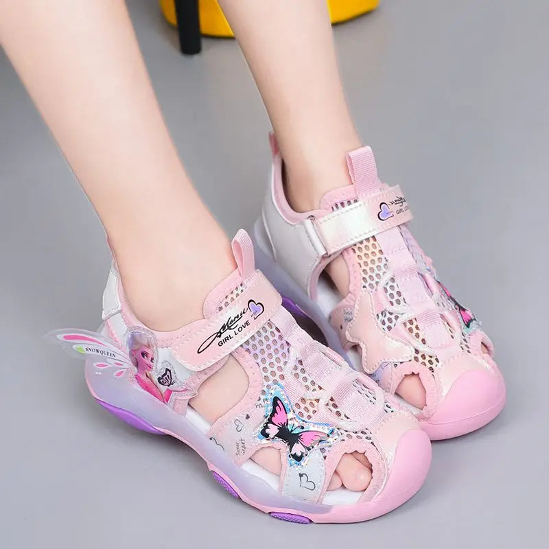 Disney Girls' Casual Shoes Baotou Sandals Led Light Summer Style Anti-skid Soft Soles Pink Purple Mesh Children Shoes Size 23-36