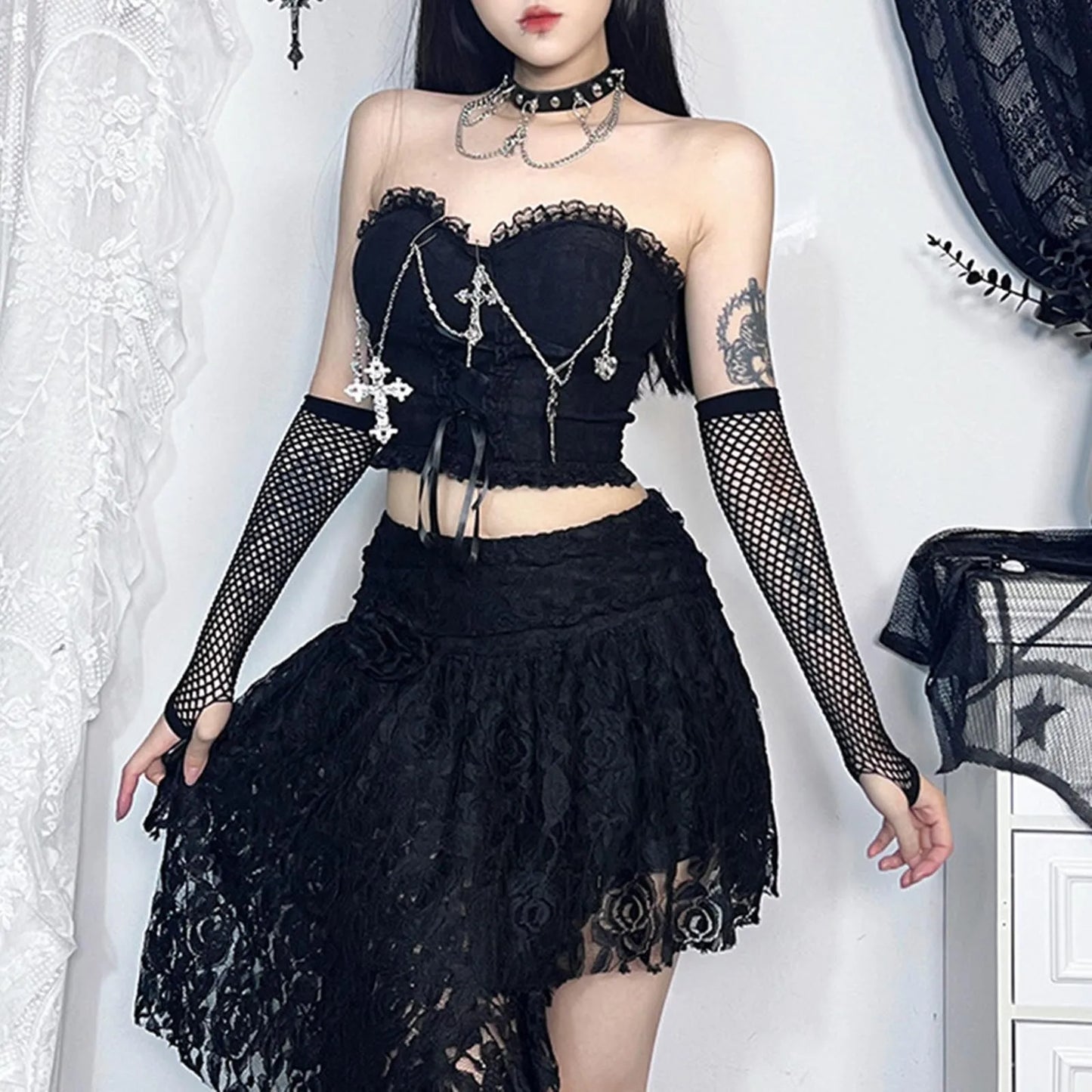 Gothic Cross Chain Crop Tube Top Women's Harajuku Lace Trim Strapless Tank Tops Y2K Clothes Punk E Girl Hippie Party Grunge Tops