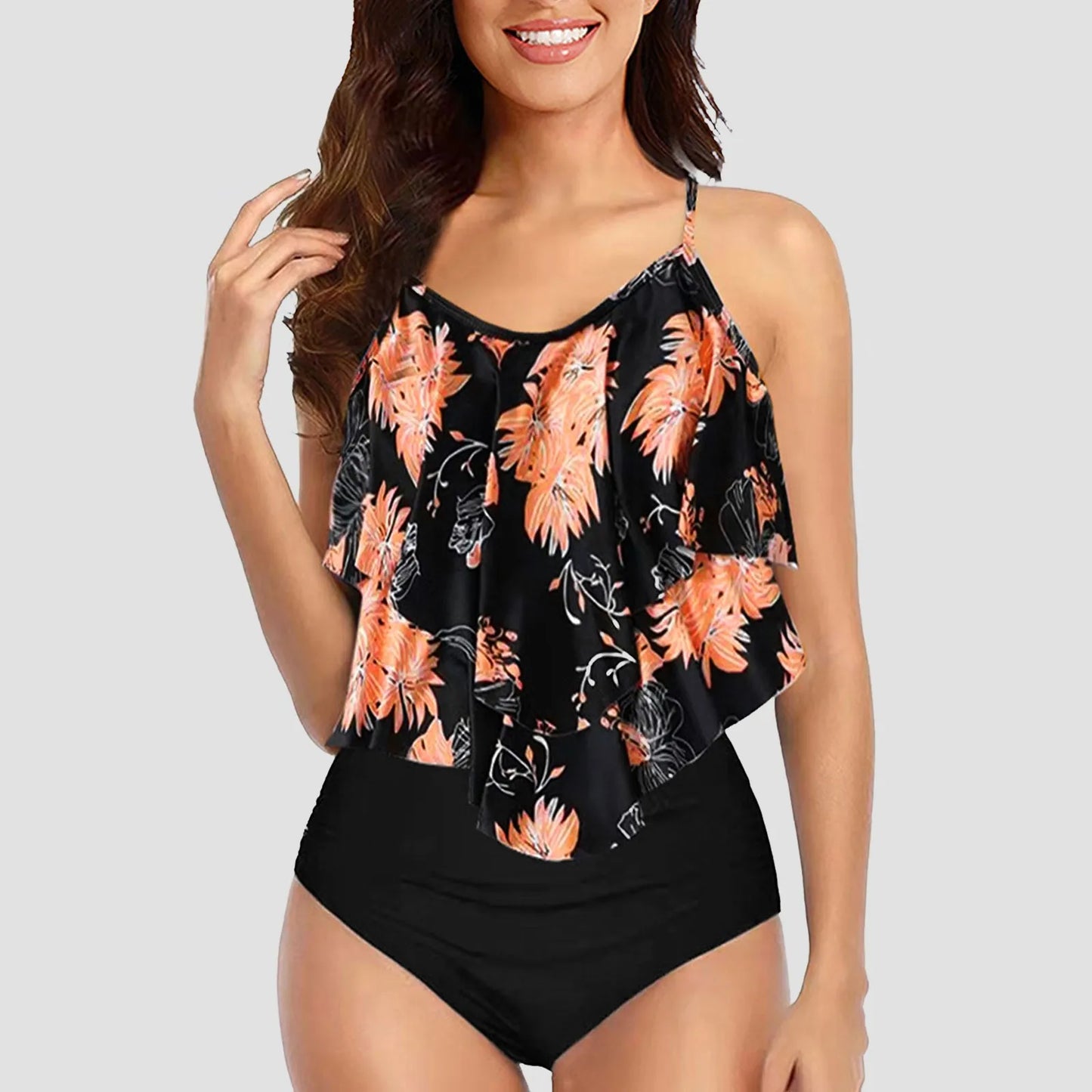 Chic Elegant Bikini Summer Multi-Layer Ruffled Edge Folds Crew Neck Sling Swimwear High Waist Thong Separate Two-Piece Swimsuit