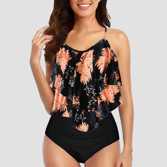 Chic Elegant Bikini Summer Multi-Layer Ruffled Edge Folds Crew Neck Sling Swimwear High Waist Thong Separate Two-Piece Swimsuit