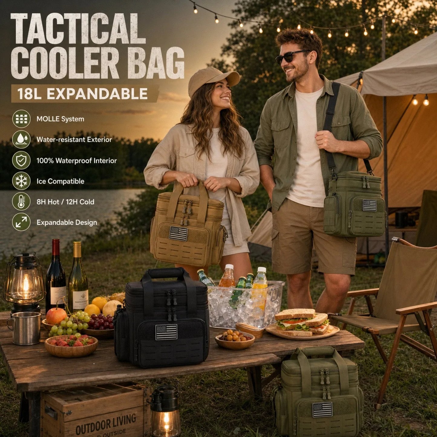 18L Insulated Picnic Cooler Bag Tactical Expandable Leakproof Thermal