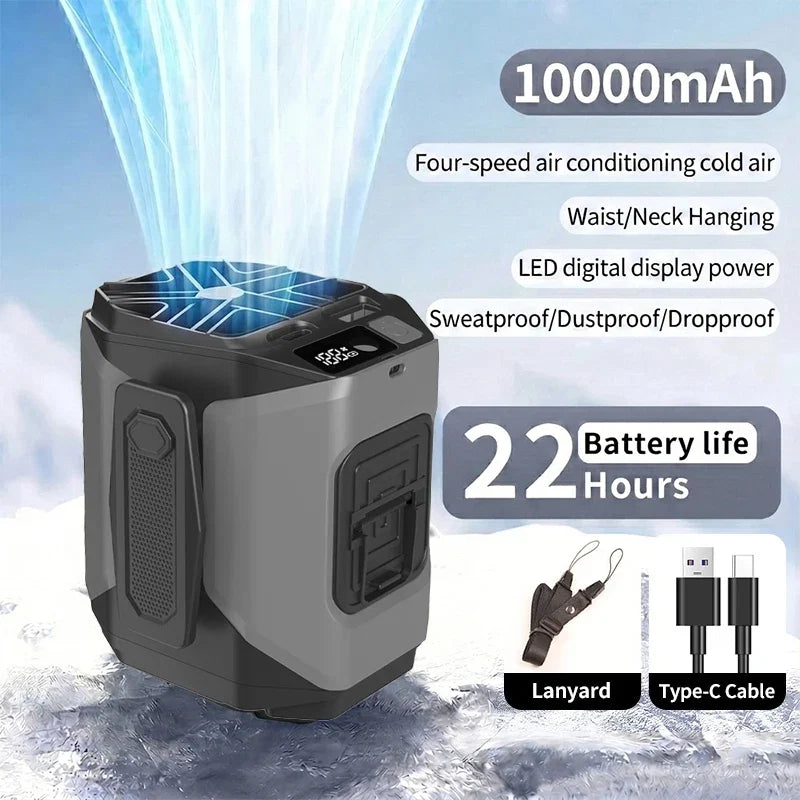 10000mah Portable Neck Fan Cooling Rechargeable Hands-Free Waist Clip