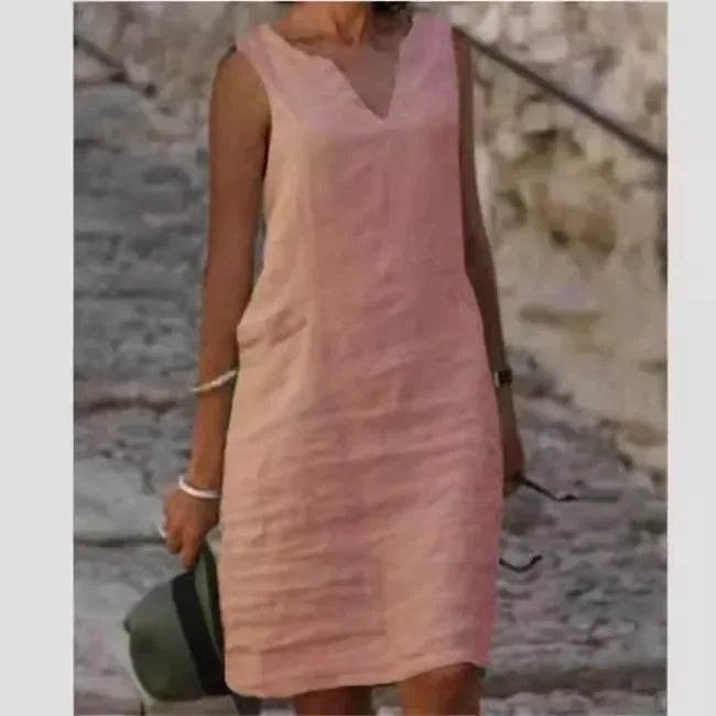 New Pure Color V-Neck Sleeveless Large Size Casual Linen Dress Comfortable Breathable Women's One-Piece Summer Dresses