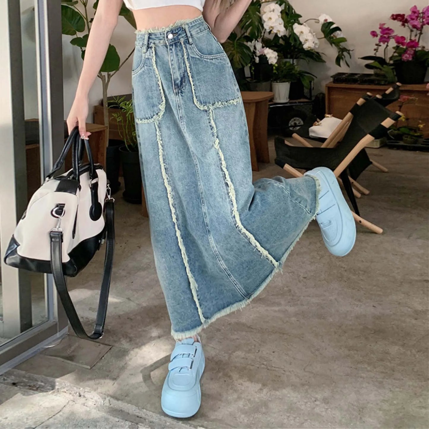 Retro High Waist Denim Skirt For Women Streetwear Y2k Korean Style Skirt Splicing Raw Edge Jeans With Pockets Large Size Skirt