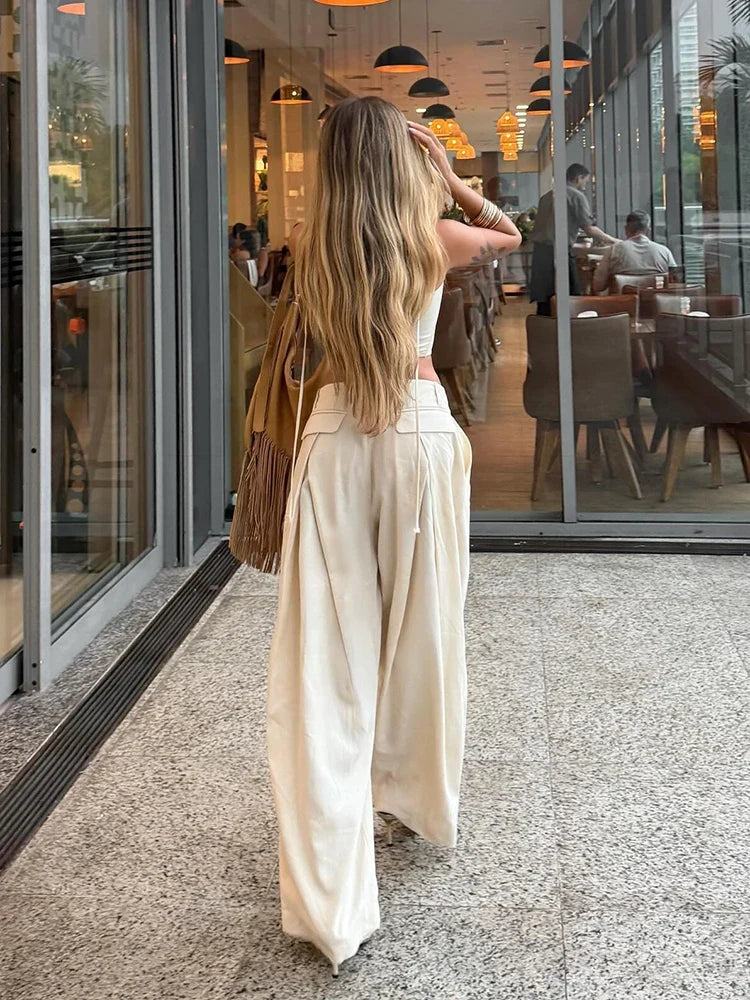 Fashion Slim Fishbone Corset Pant Set Women Sexy Slim Sleeveless Backless Crop Top Wide Leg Pants 2026 Summer Lady Solid Outfit