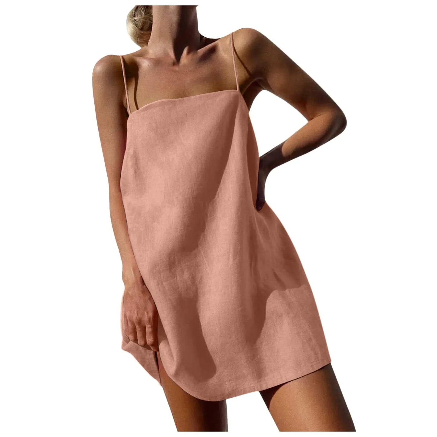 Summer Dresses Women Linen Vacation Cute Spaghetti Strap Fashion High Waist Backless Pockets Casual Summer Beach Dress