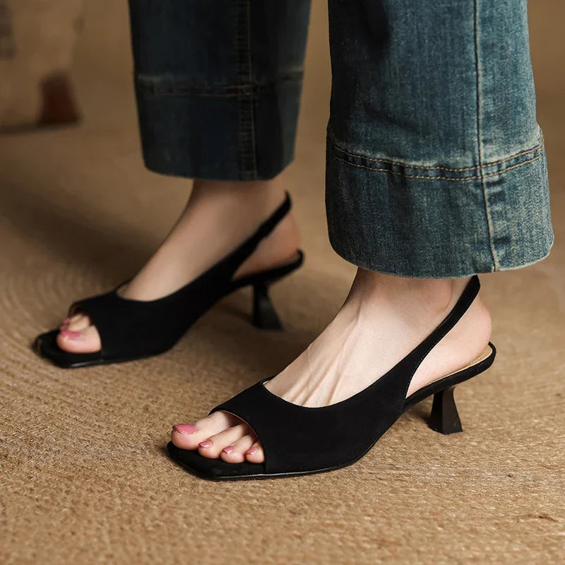 2026 New Summer Women Sandals Kid Suede Leather Women Shoes Peep Toe Chunky Heel Concise Sandals High Heel Ladies Shoes