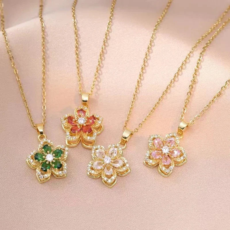 Shiny Romantic Flower Pendant Necklace For Women Golden Plated Rotatable Flowers Choker Girls Wedding Party Jewelry
