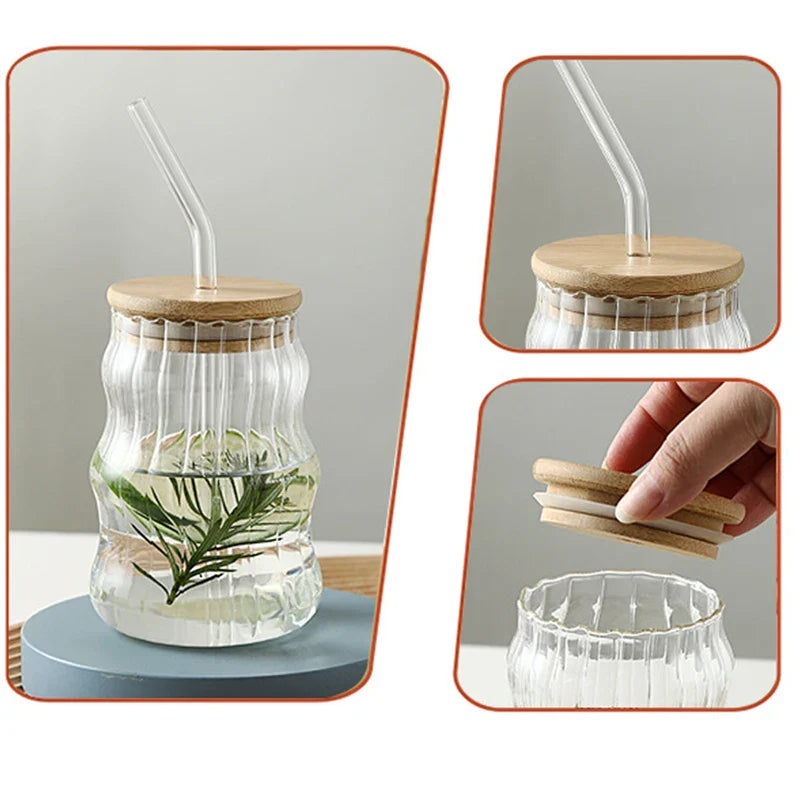 YWDL 500ml Glass Tumblers Cups With Straw Mason Jar Clear Juice Coffee Milk Cup With Bamboo Lids Drinkware Stripe Beer Mug
