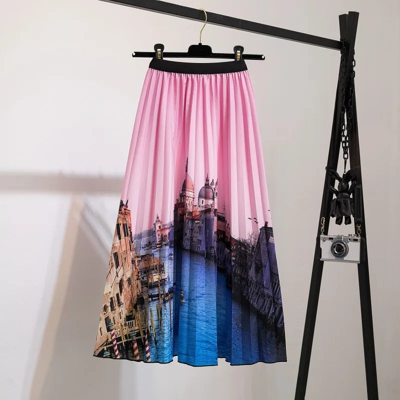 2023 Summer Women Cartoon Print Pleated Skirts A Line High Waisted Elastic Midi Long Skirt Ladies Party Korean Style Dresses
