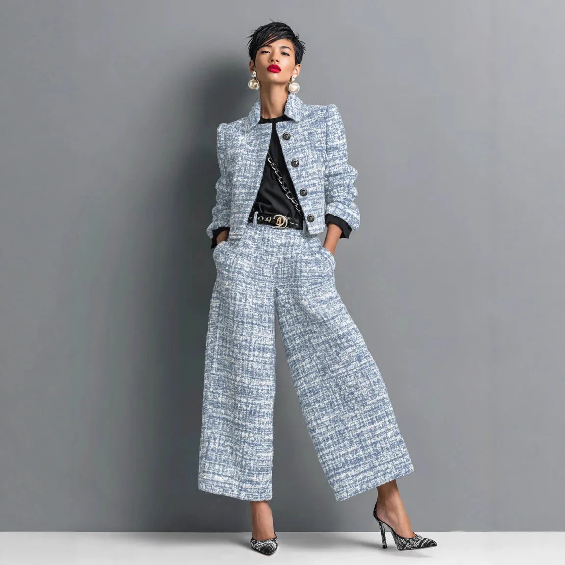 Fashionable Commuter Women's Suit Casual Solid Color Lapel Cardigan Short Jacket Paired With Loose Wide-leg Pants Two-piece Set