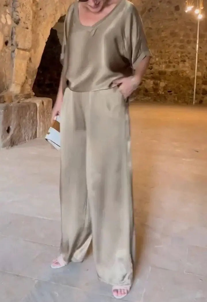 Summer Short-sleeved T-shirt Two-piece Set For Women V-neck Top Pullover Wide-leg Pants Suit For Women Spring Loose Satin Suit