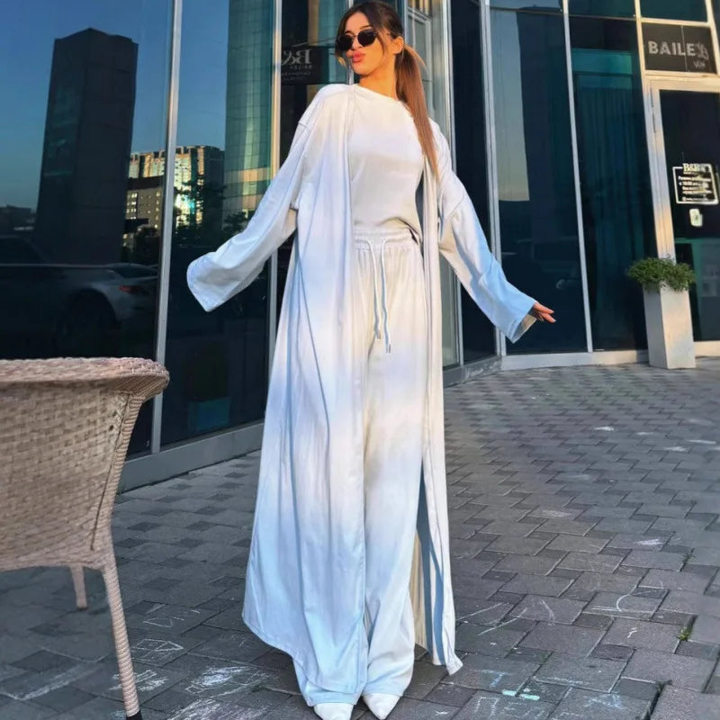 Pant Set Women Three Piece Sets Round Neck Short Sleeve Shirt Straight Pants Lace Up Long Robe Y2k Streetwear Work Casual 2026