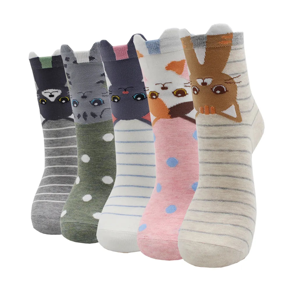 5 Pairs Fashion Colorful Kawaii Cute Cartoon Cotton Women Socks Harajuku Korean Halloween Cat Dog Owl Duck Fox Girl Socks