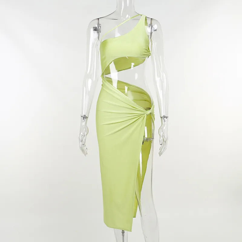 BoozRey Sexy One Shoulder Midi Dresses for Women Backless Split Club Party Hollow Cut Out 2022 Summer Sleeveless Birthday Dress