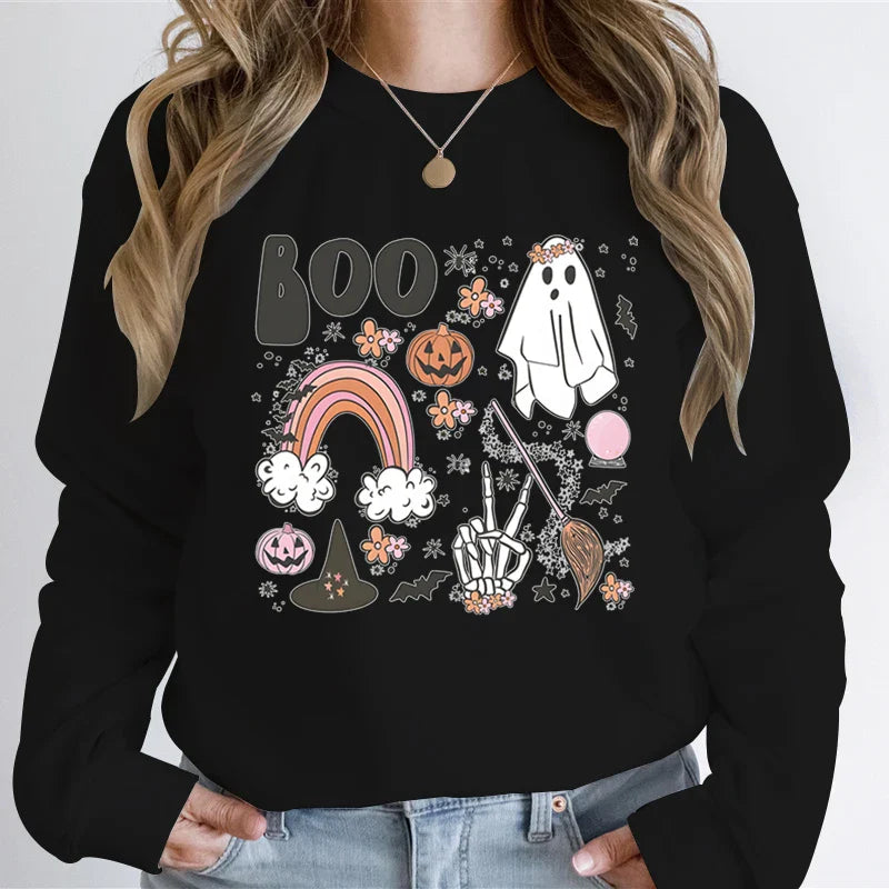 Halloween Ghost Sweatshirt Women Pumpkin Skeleton Hand Graphic Funny Hoodies The Boo Pumpkin Ghost Vintage Halloween Sweatshirt