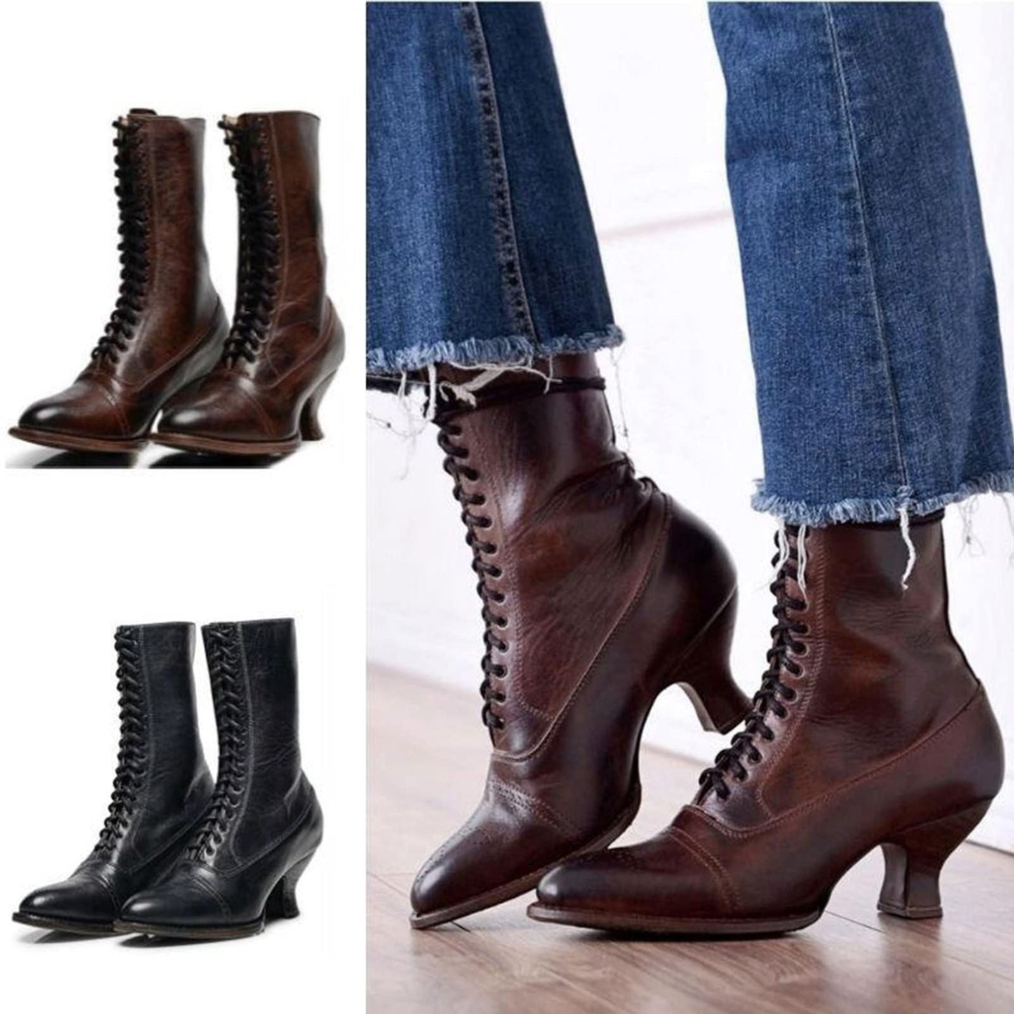 Gothic Women's Boots Toe Heel Ankle Lace Up Pointed toe Boots High Vintage Stretch Cross Tied Shoes zapatos para mujeres