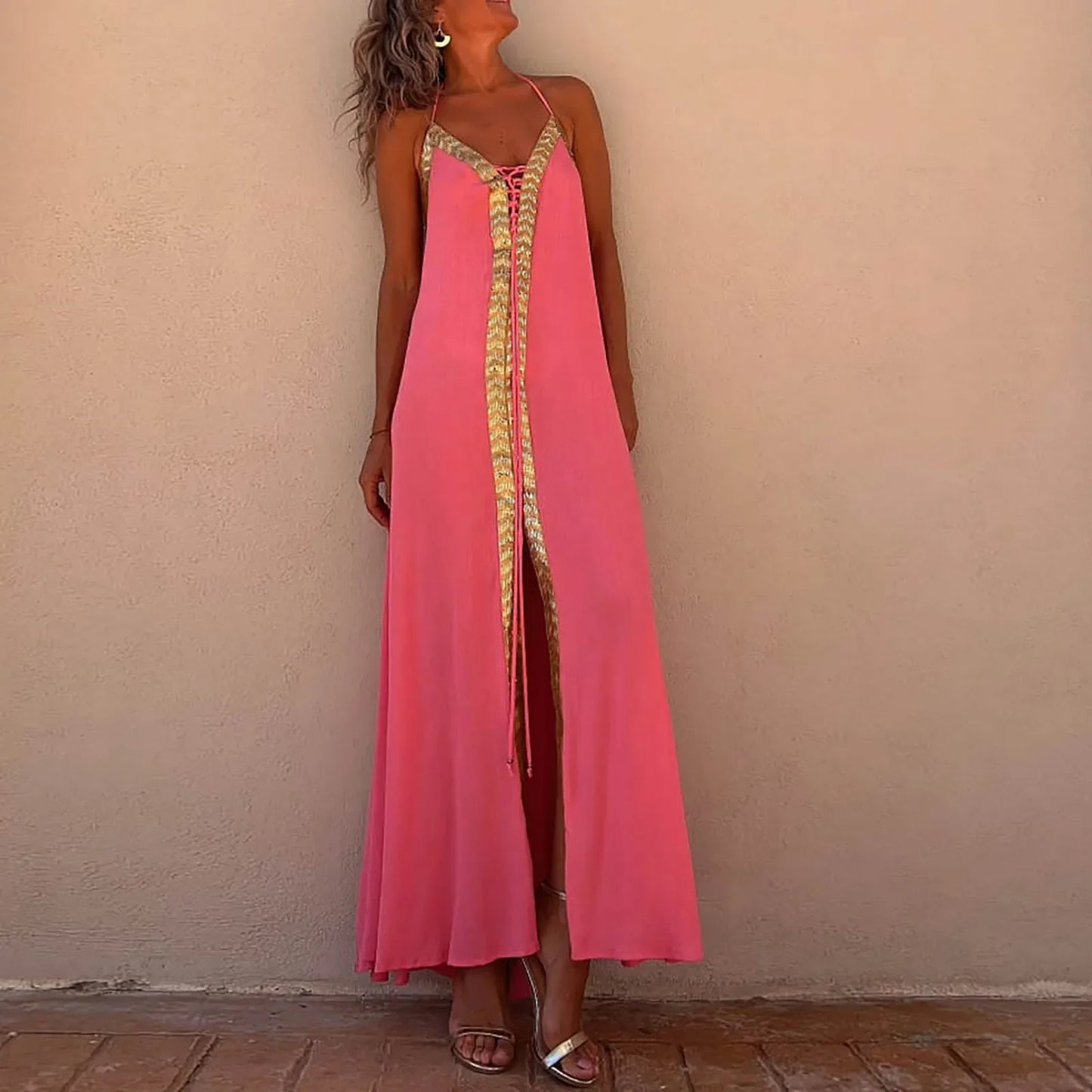 Summer Womens Boho Dresses Lace Up Halter Maxi Dress Vacation Beach Dresses Vestidos Bohemian Long Sundress платье женское