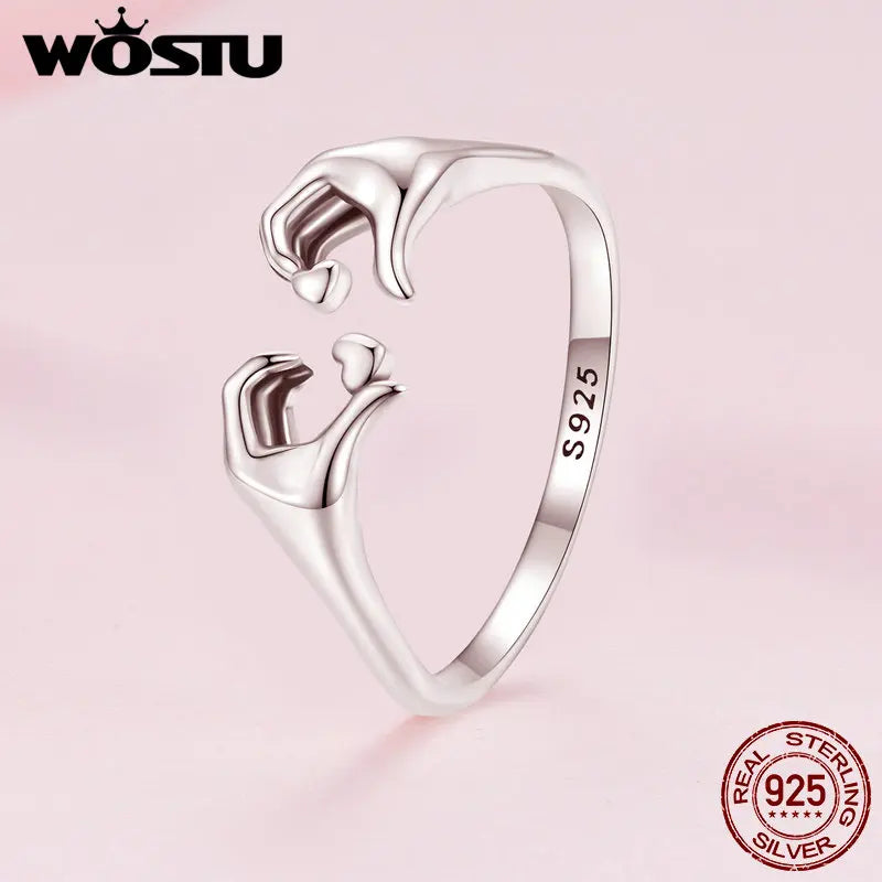 WOSTU Real 925 Sterling Silver Romantic Hand Heart Rings For Women Palm Love Couple Wedding Rings Valentine's Day Jewelry Gift
