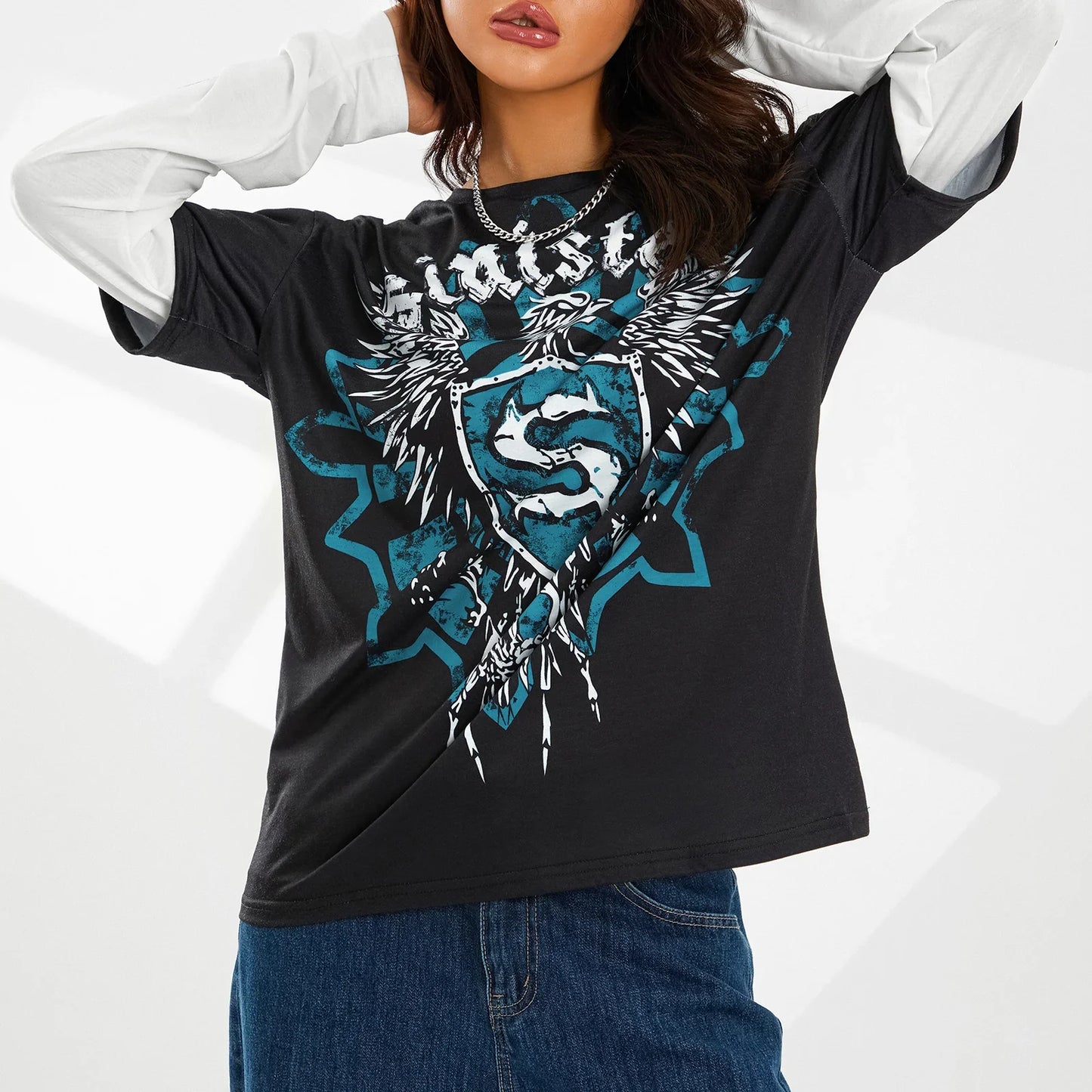 Women Vintage Graphic Print Round Neck Long Sleeve Shirts Autumn Fashion Fake Two-Piece T-Shirts Loose Casual Tops Streetwear