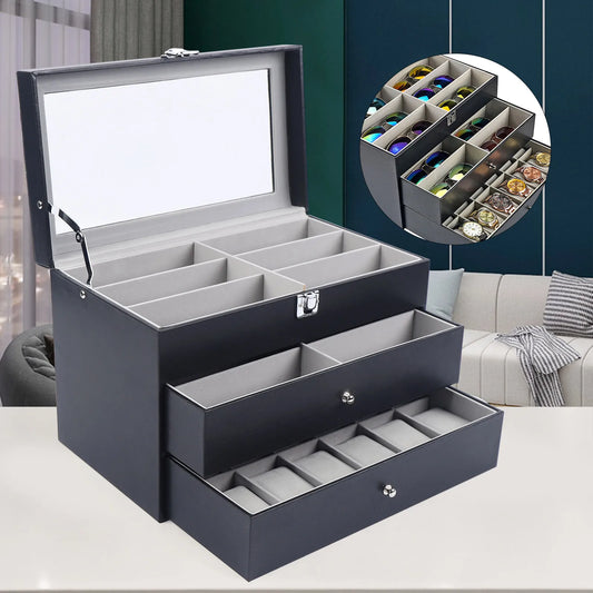 /24 Grid Jewelry Collection Storage Holder Box Leather Watch Glasses Display Case Sunglasses Storage Holder