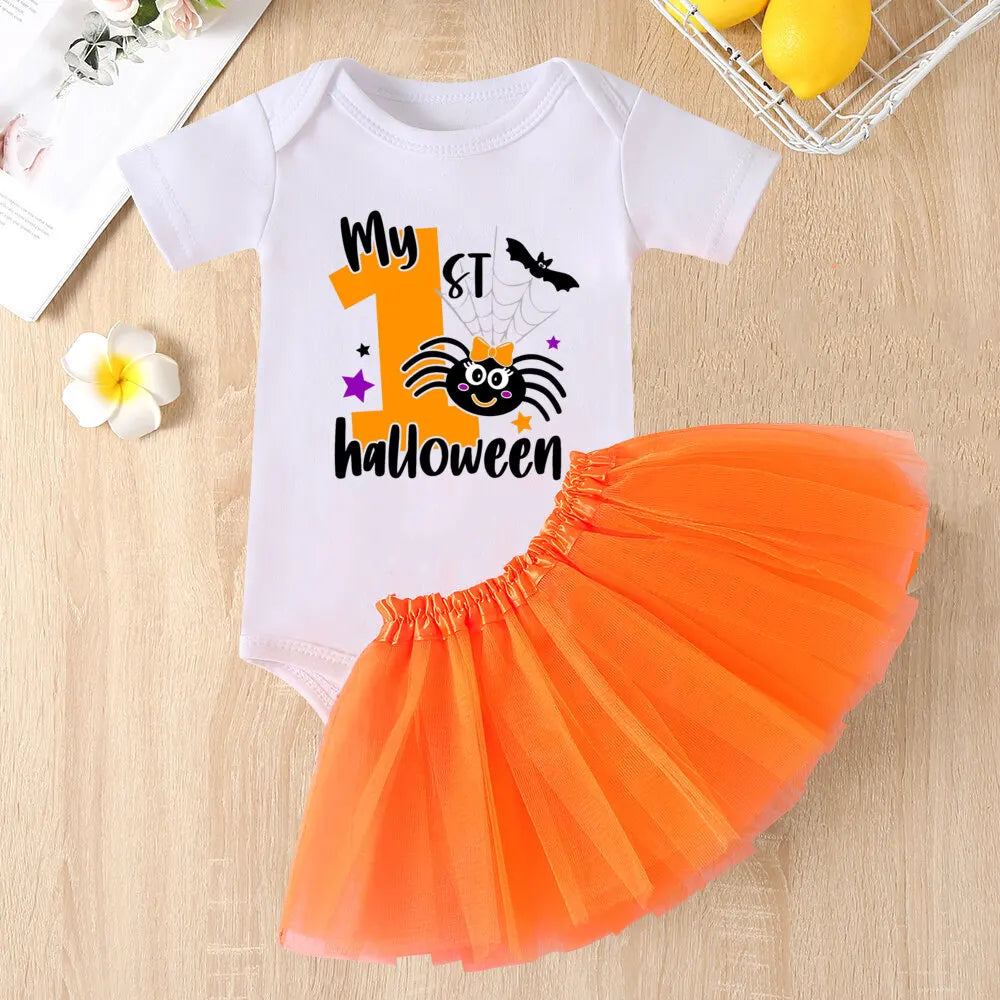 My 1st Halloween Print Baby Bodysuit Dress Set Halloween Party Girl Outfit Dresses Tutu Cake Smash Outfit Infant Baptism Clothes