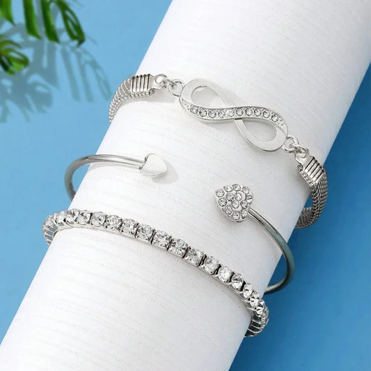 3 Piece Women's Bracelet Silver Retro Personality Fried Dough Twists Bracelet Imitation Gem Exaggerated Punk Bracelet Accessorie