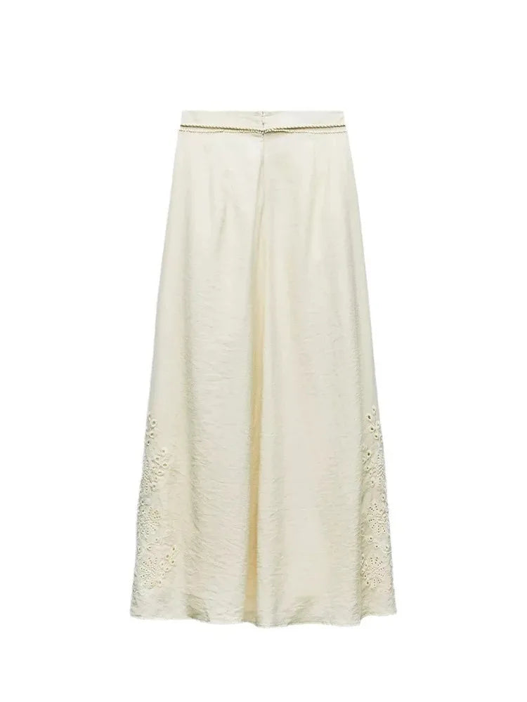 TRAF Women's Chinese Style Jacquard Hollow Embroidery Camisole Top + High Waist Tassel Design Mid-Length Skirt Two Piece Set