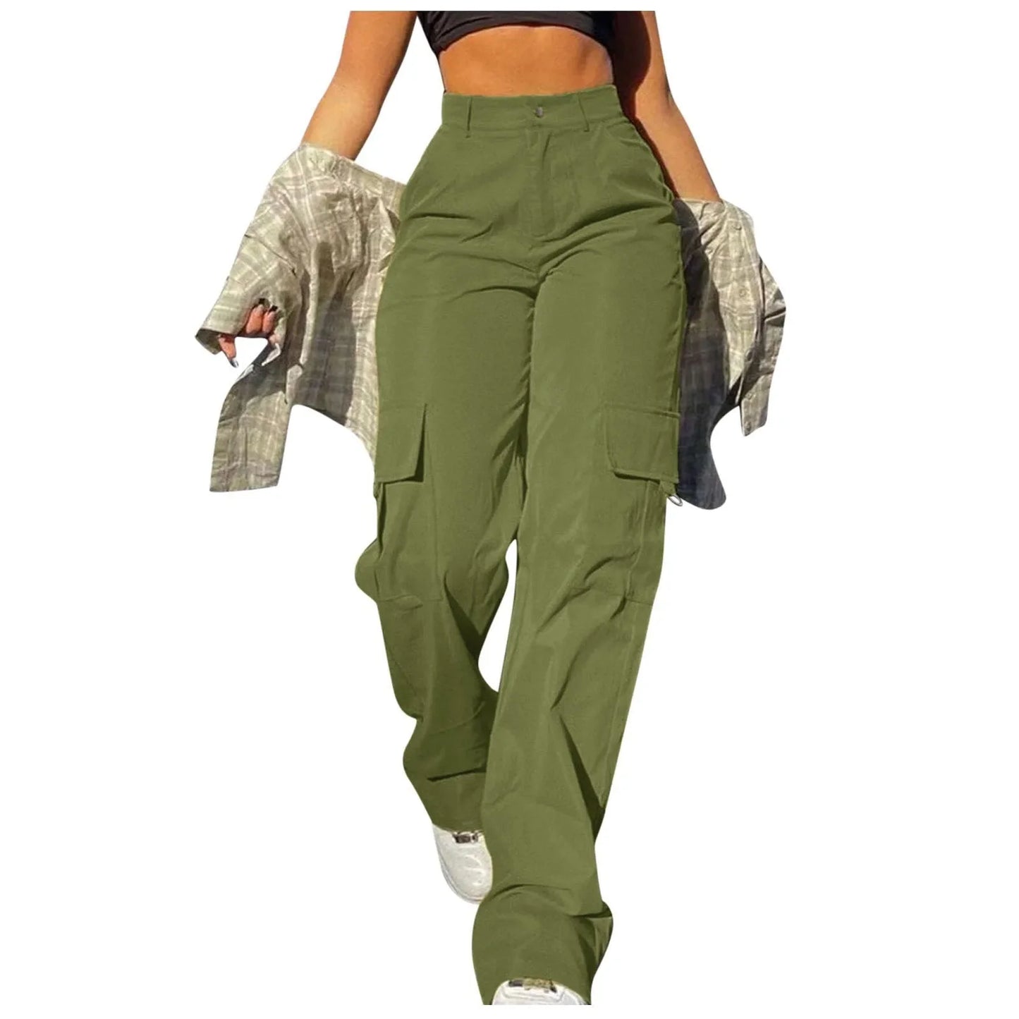 Ladies' Street Fashion Multi Pocket Cargo Pants Summer Solid Color Straight Leg Pants High Waist Slimming Loose Fit Cargo Pants