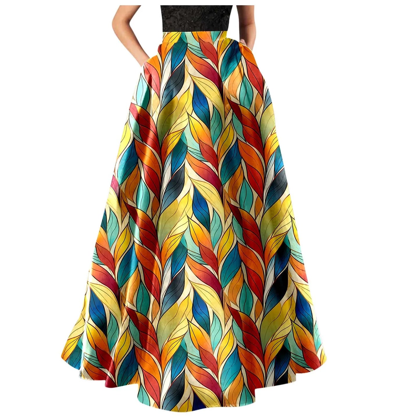 Bohemian Skirts For Women High Waisted Beach Maxi Skirt Wth Pockets Boho Floral Print Skirts Summer A Line Flowy Skirt 롱스커트