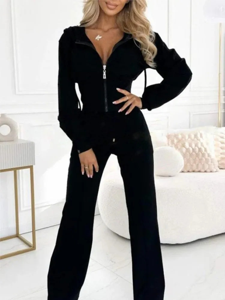 Autumn Winter Hooded Zipper 2 Piece Sweatsuit Women Casual Sets Sweatshirt Jacket With Elastic Waistband & Wide Leg Pants Set