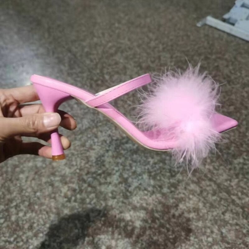 Women's Sexy High Heels Pink Plush Fashion Sandals 2022 Summer New Pointed Fish Mouth Shoes Design Women's Stiletto High Heels