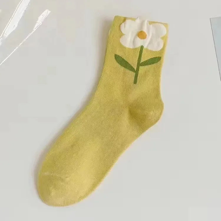 New Style Crew Socks for Women Spring Fashion Cute Flower Long Cotton Socks Japanese Style Breathable Casual Trendy Absorb Sweat
