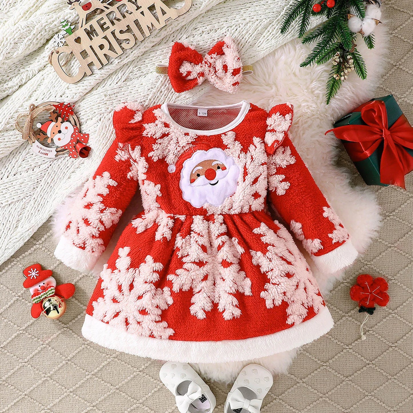 Infant Kids Girls Christmas Children's Long Sleeved Plush Santa Claus Embroidered Dress Dress+Headband Costumes Party Dresses