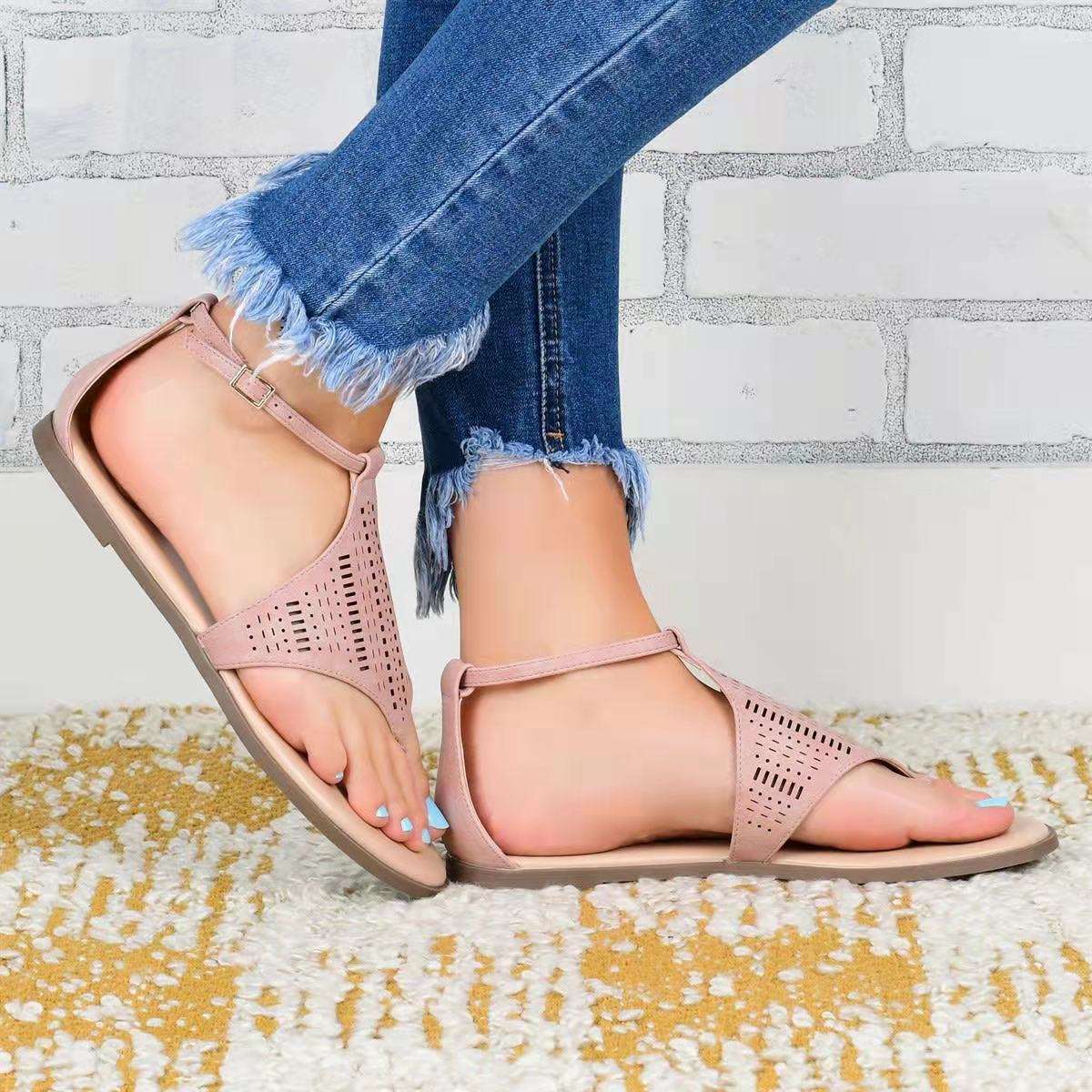 Summer New Open Toe Sandals Sexy Hollow Flats Retro Buckle Casual Flip-Flops Gladiator Sandalias De Mujer Plus Size 35~43