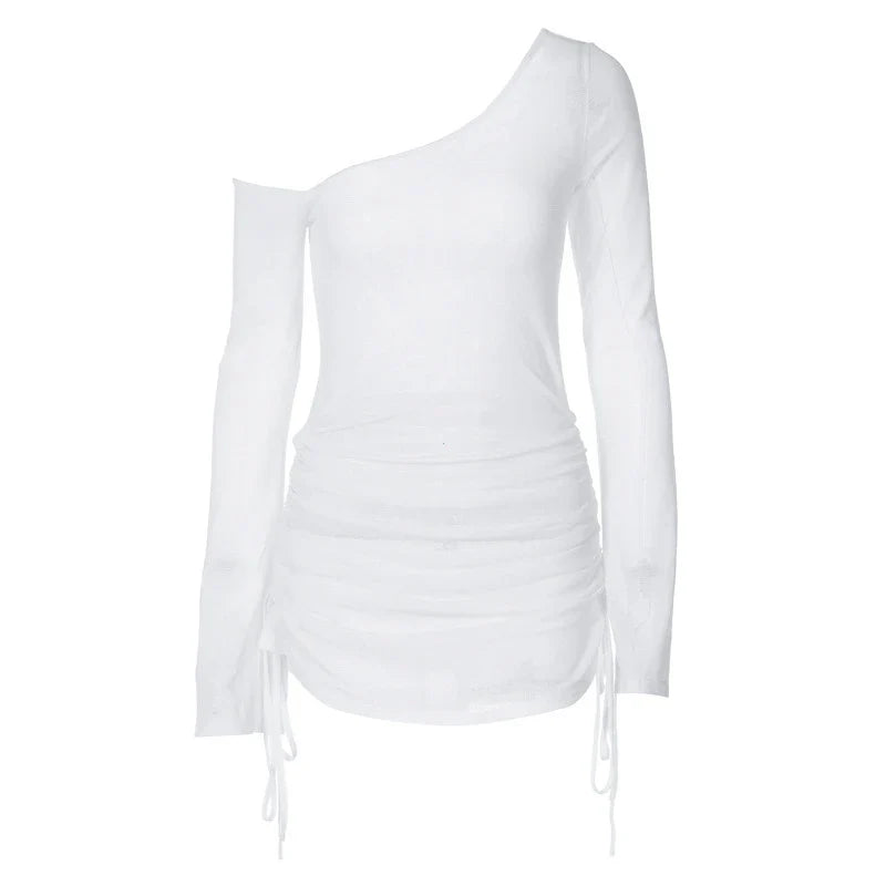 Dulzura Solid Skew Collar Ruched Straps Lace-Up See Through Draw String Mini Dress 2025 Summer  Women Party Clubwear Wholesale