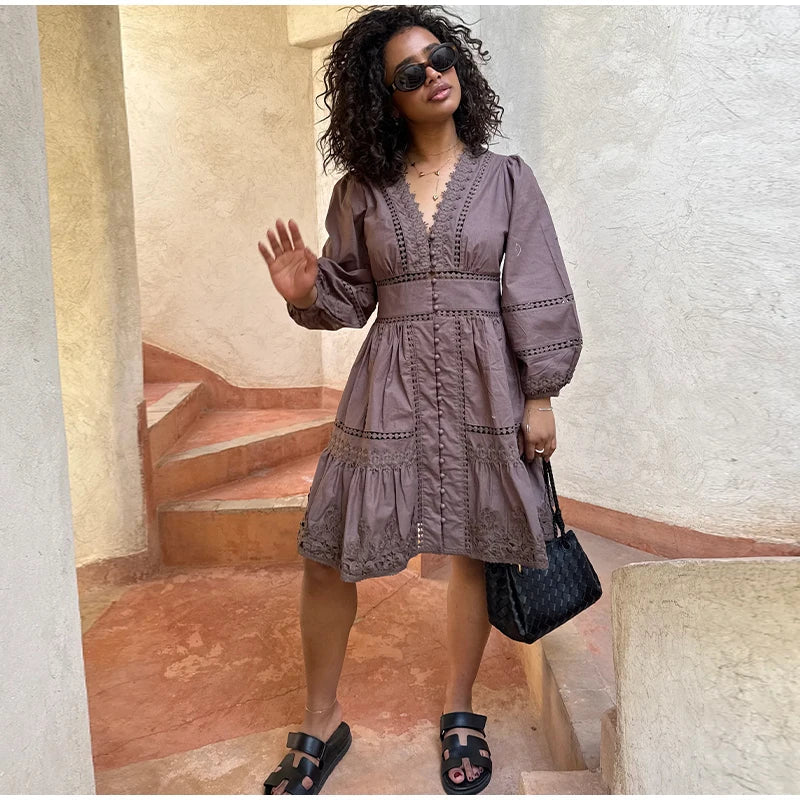 Elegant Lace Hollow Out Women's Long Dress Solid V-neck Patchwork Puff Sleeve Bodycon Dressess Female 2025 Spring New Lady Robes